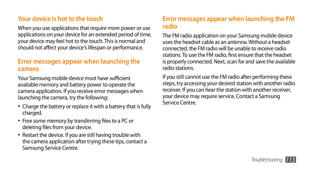 Samsung GT-S5253HKATHR, GT-S5253HKAECT Your device is hot to the touch, Error messages appear when launching the camera 