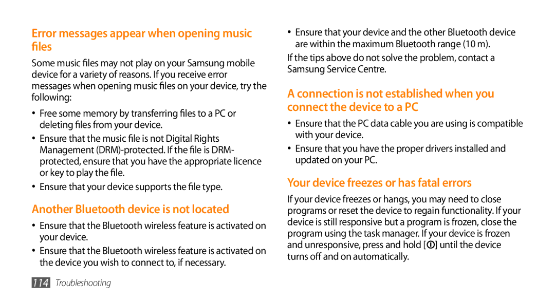 Samsung GT-S5253PWAEGY manual Error messages appear when opening music files, Another Bluetooth device is not located 