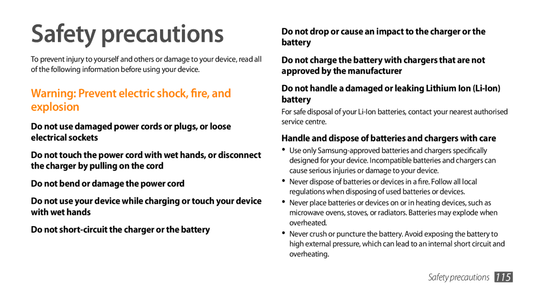 Samsung GT-S5253HKAABS, GT-S5253HKAECT manual Safety precautions, Handle and dispose of batteries and chargers with care 