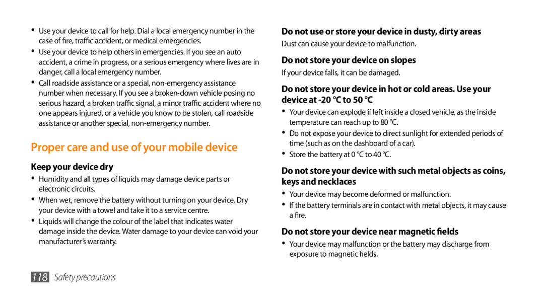 Samsung GT-S5253PWATUN, GT-S5253HKAECT, GT-S5253HKAEGY manual Proper care and use of your mobile device, Keep your device dry 