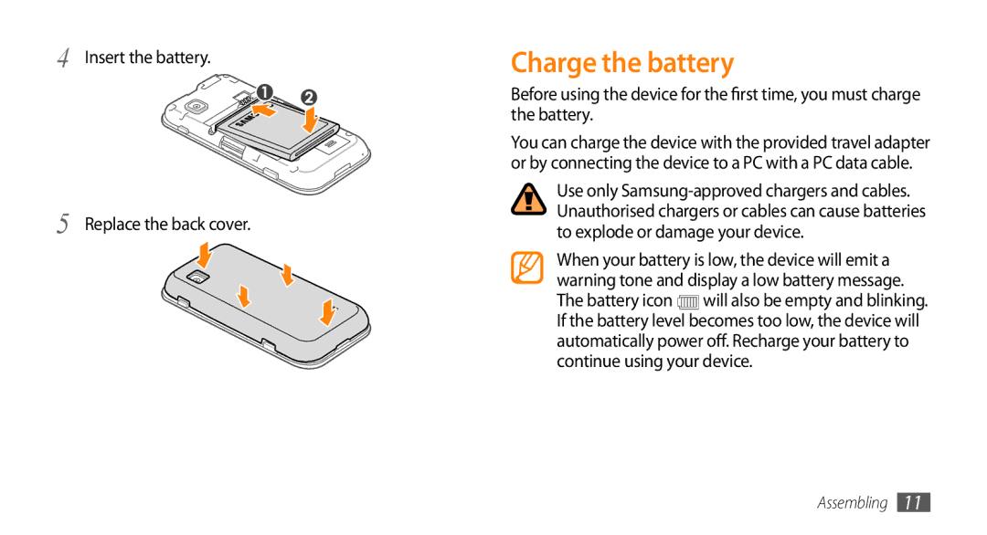 Samsung GT-S5253TIAPAK, GT-S5253HKAECT, GT-S5253HKAEGY manual Charge the battery, Insert the battery Replace the back cover 