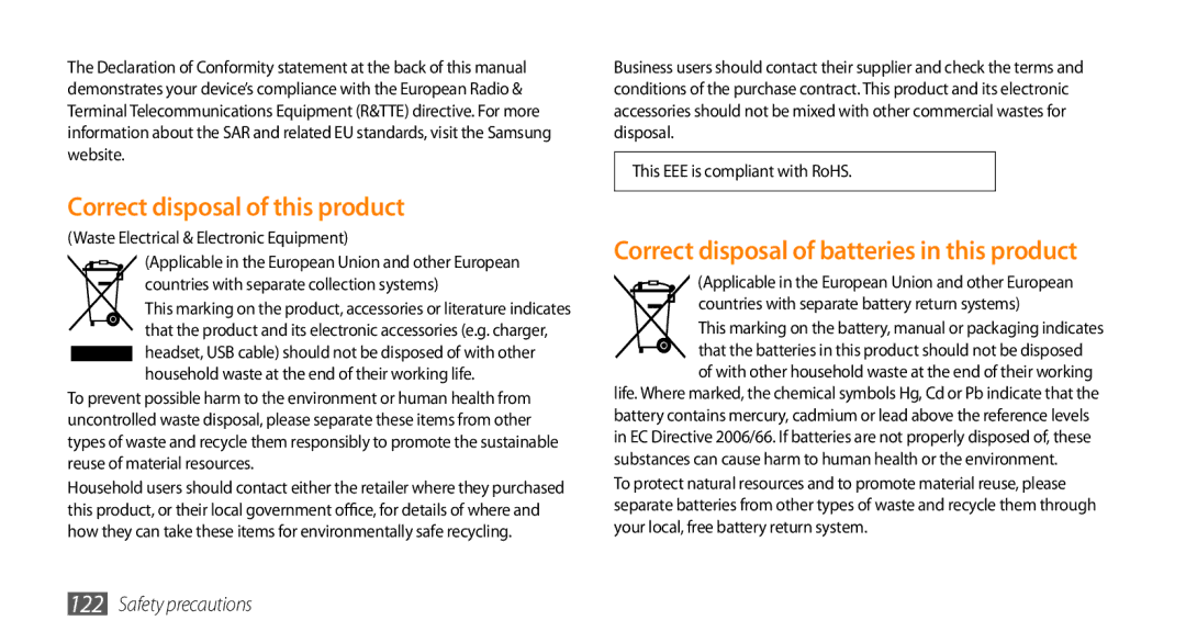 Samsung GT-S5253TIAXSG, GT-S5253HKAECT Correct disposal of this product, Correct disposal of batteries in this product 