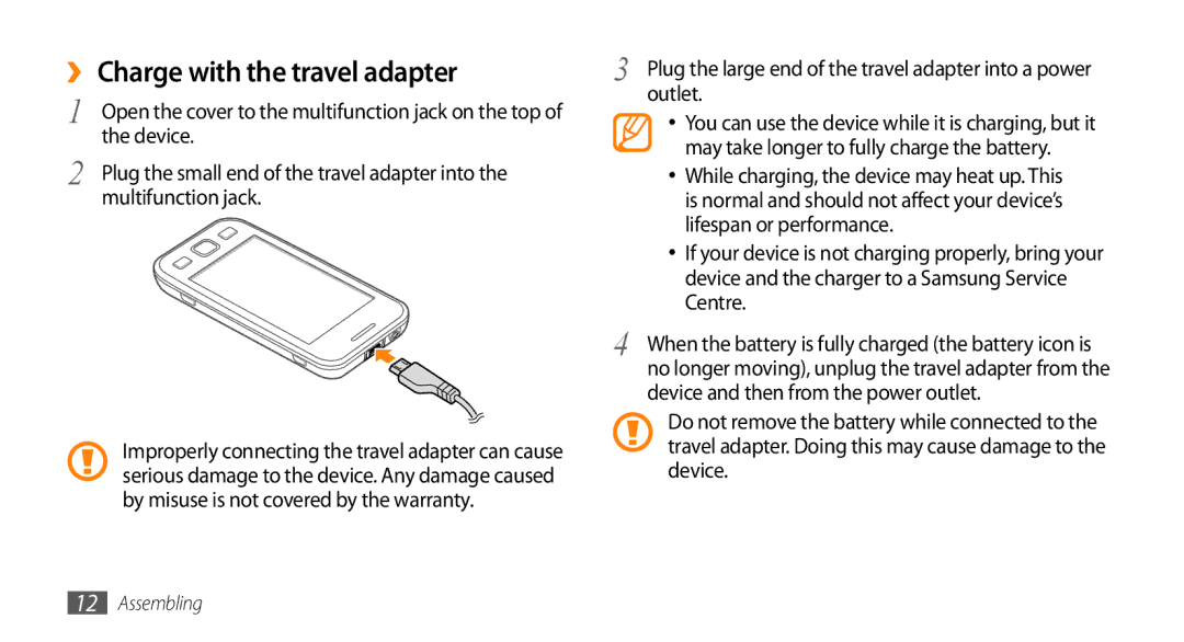 Samsung GT-S5253HKAKSA, GT-S5253HKAECT manual ›› Charge with the travel adapter, Device, Multifunction jack, Outlet 