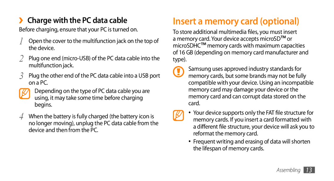 Samsung GT-S5253PWAKSA, GT-S5253HKAECT, GT-S5253HKAEGY manual Insert a memory card optional, ›› Charge with the PC data cable 