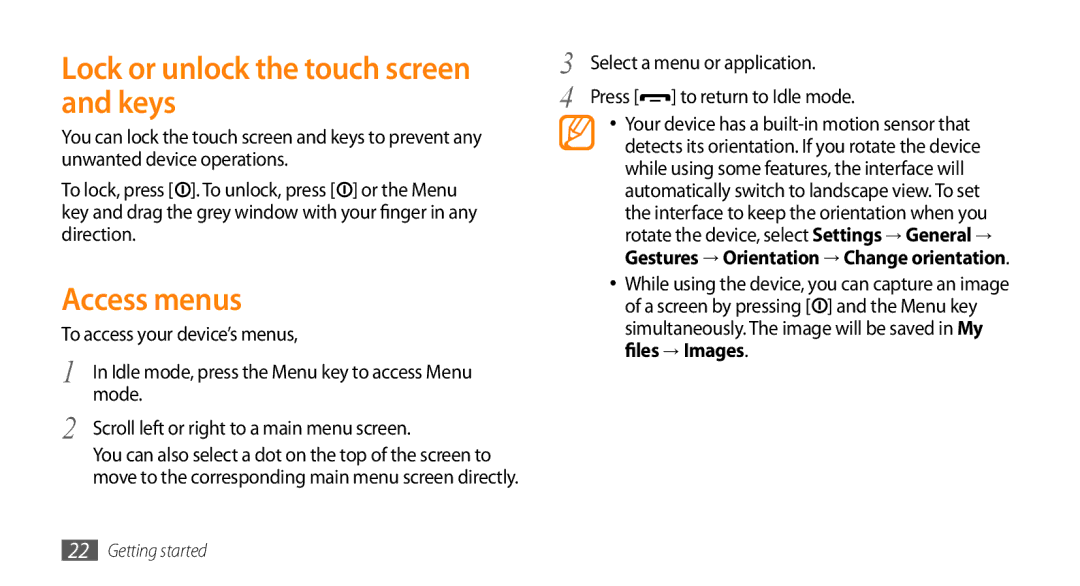 Samsung GT-S5253PWATUN, GT-S5253HKAECT, GT-S5253HKAEGY manual Lock or unlock the touch screen and keys, Access menus 