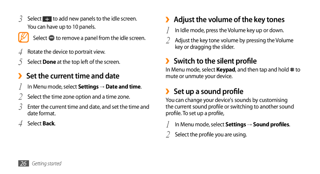 Samsung GT-S5253TIAXSG ›› Set the current time and date, ›› Adjust the volume of the key tones, ›› Set up a sound profile 