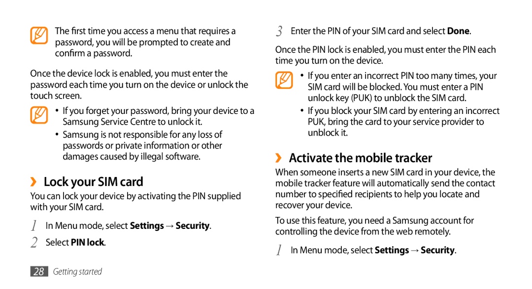 Samsung GT-S5253HKAMMC, GT-S5253HKAECT manual ›› Lock your SIM card, ›› Activate the mobile tracker, Select PIN lock 