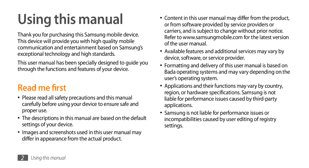 Samsung GT-S5253HKATMC, GT-S5253HKAECT, GT-S5253HKAEGY, GT-S5253HKAJED, GT-S5253PWAJED Using this manual, Read me first 