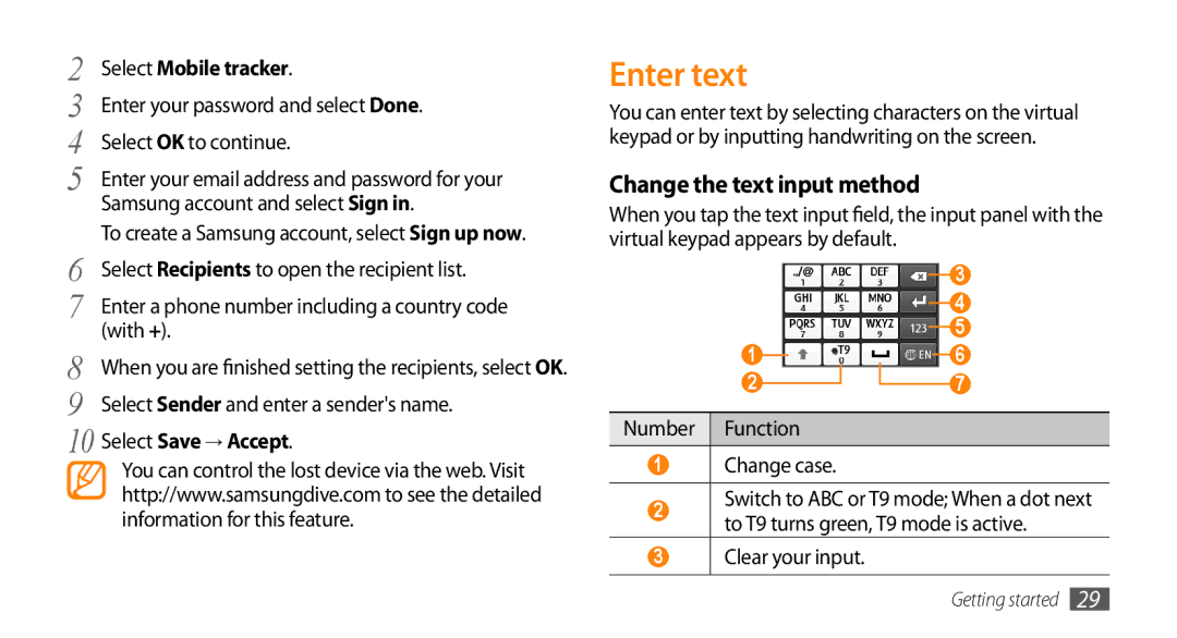 Samsung GT-S5253HKATUN manual Enter text, Change the text input method, Select Mobile tracker, Select Save → Accept 