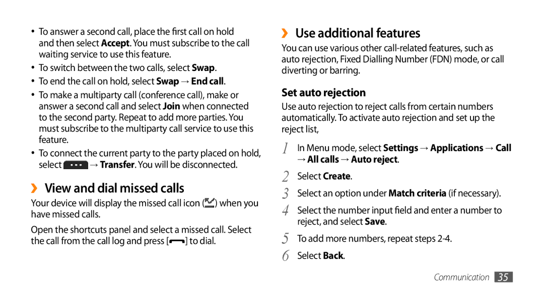 Samsung GT-S5253PWAJED, GT-S5253HKAECT manual ›› View and dial missed calls, ›› Use additional features, Set auto rejection 