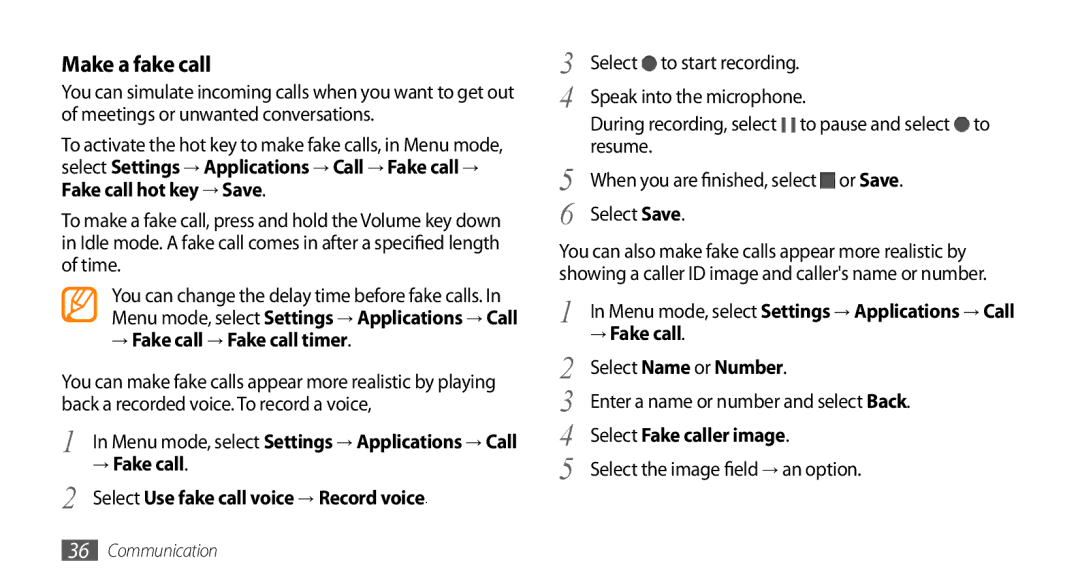 Samsung GT-S5253PWAMID, GT-S5253HKAECT manual Make a fake call, → Fake call → Fake call timer, Select Fake caller image 