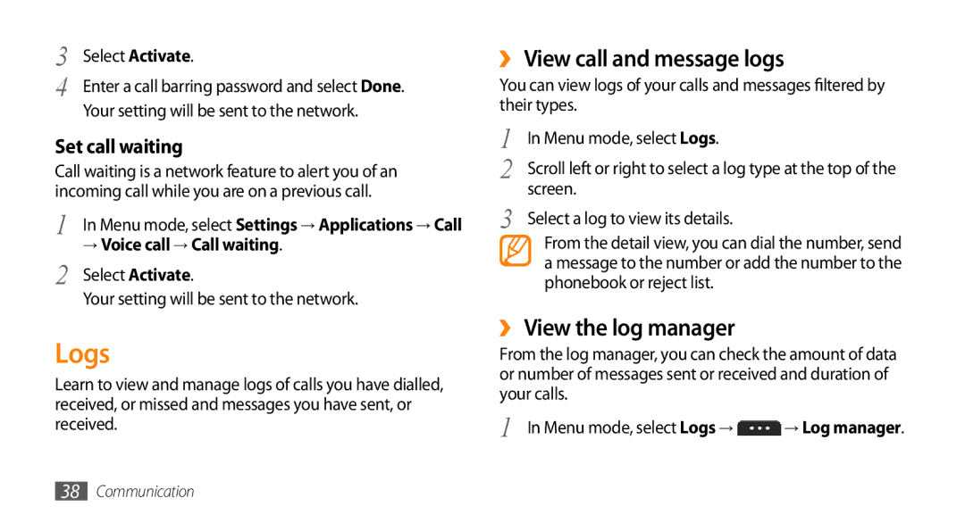 Samsung GT-S5253HKAAFR, GT-S5253HKAECT manual Logs, ›› View call and message logs, ›› View the log manager, Set call waiting 