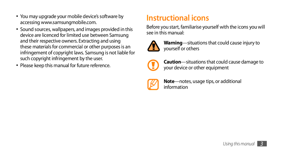 Samsung GT-S5253PWAJED, GT-S5253HKAECT, GT-S5253HKAEGY Instructional icons, Please keep this manual for future reference 