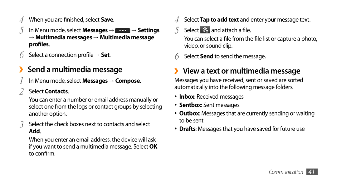 Samsung GT-S5253TIAAFR manual ›› Send a multimedia message, ›› View a text or multimedia message, Profiles, Another option 
