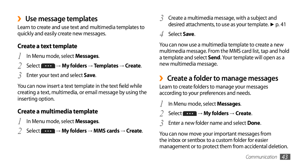 Samsung GT-S5253TIAPAK manual ›› Use message templates, ›› Create a folder to manage messages, Create a text template 