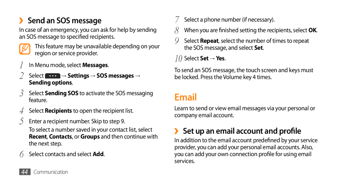 Samsung GT-S5253HKAKSA manual ›› Send an SOS message, ›› Set up an email account and profile, → Settings → SOS messages → 