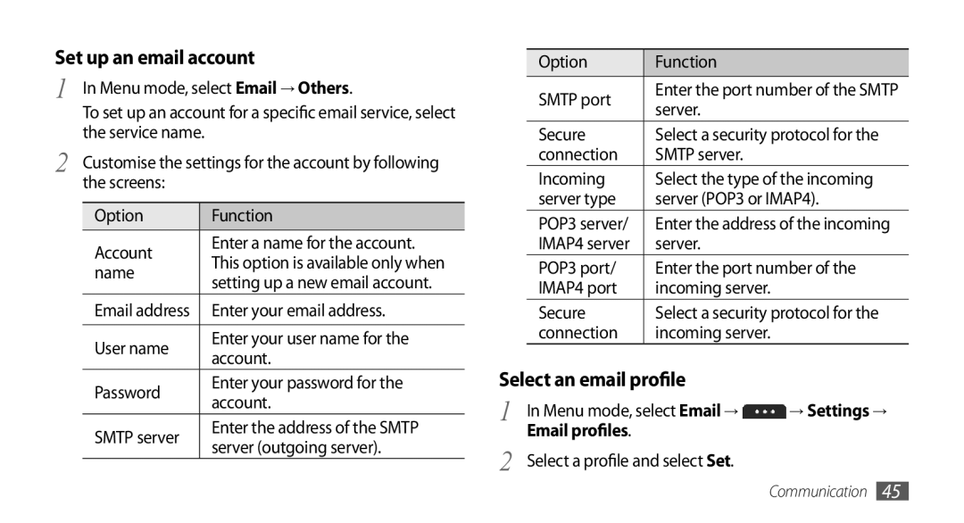 Samsung GT-S5253PWAKSA, GT-S5253HKAECT, GT-S5253HKAEGY manual Set up an email account, Select an email profile, → Settings → 