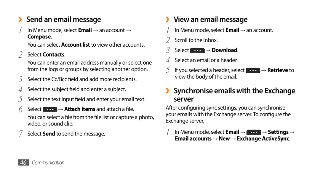 Samsung GT-S5253PWAAFR, GT-S5253HKAECT ›› Send an email message, ›› View an email message, Server, Compose, → Download 