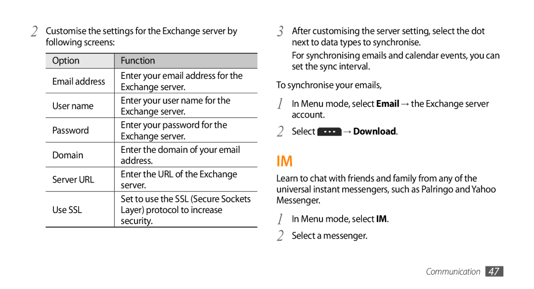 Samsung GT-S5253TIAABS Option Function, Exchange server, Address, Server URL, Use SSL Layer protocol to increase Security 