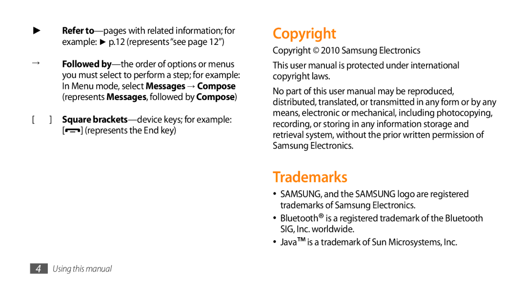 Samsung GT-S5253PWAMID manual Trademarks, Square brackets-device keys for example, Copyright 2010 Samsung Electronics 