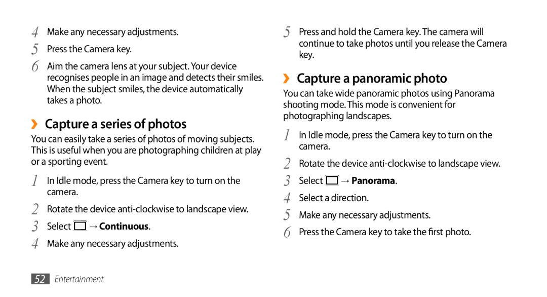 Samsung GT-S5253HKAPAK, GT-S5253HKAECT manual ›› Capture a series of photos, ›› Capture a panoramic photo, → Continuous, Key 