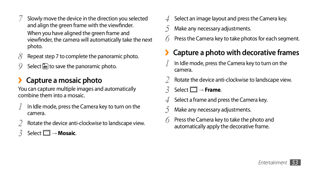 Samsung GT-S5253HKAXSG, GT-S5253HKAECT manual ›› Capture a mosaic photo, Photo, Select to save the panoramic photo, → Mosaic 