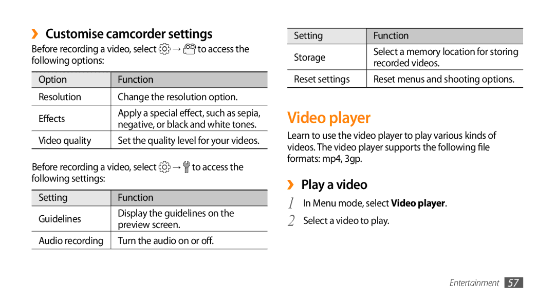 Samsung GT-S5253PWATHR, GT-S5253HKAECT, GT-S5253HKAEGY manual Video player, ›› Customise camcorder settings, ›› Play a video 
