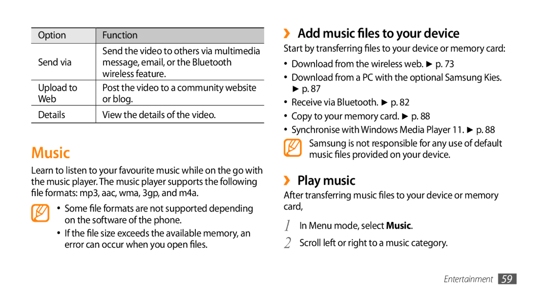 Samsung GT-S5253TIAMID, GT-S5253HKAECT, GT-S5253HKAEGY manual Music, ›› Add music files to your device, ›› Play music 