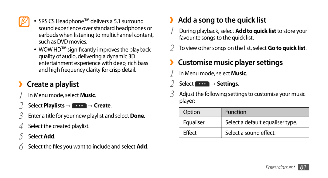 Samsung GT-S5253HKATUN manual ›› Create a playlist, ›› Add a song to the quick list, ›› Customise music player settings 