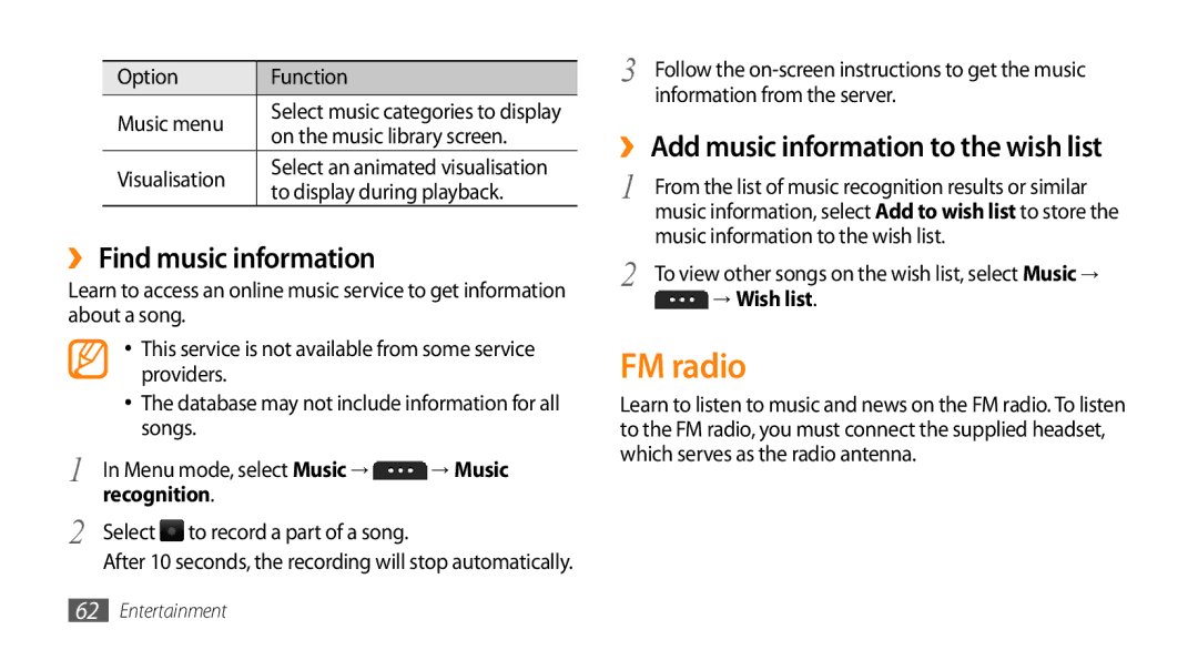 Samsung GT-S5253PWAABS manual FM radio, ›› Find music information, ›› Add music information to the wish list, → Wish list 
