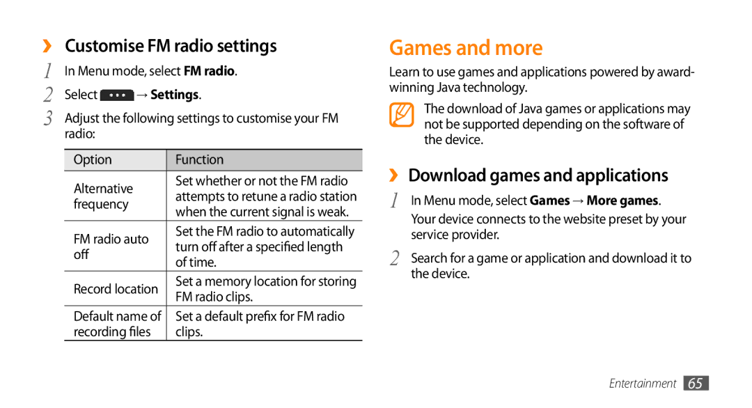 Samsung GT-S5253HKAJED, GT-S5253HKAECT Games and more, ›› Customise FM radio settings, ›› Download games and applications 