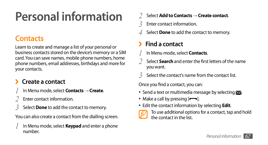 Samsung GT-S5253PWAJED, GT-S5253HKAECT, GT-S5253HKAEGY, GT-S5253HKAJED manual Contacts, ›› Create a contact, ›› Find a contact 
