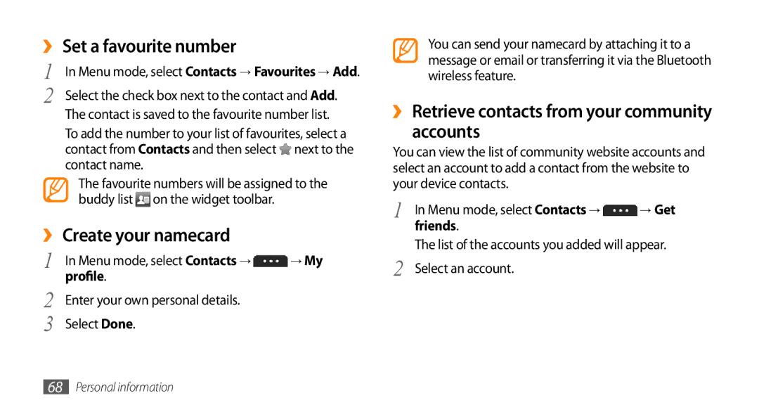 Samsung GT-S5253PWAMID, GT-S5253HKAECT manual ›› Set a favourite number, ›› Create your namecard, Accounts, Profile, Friends 