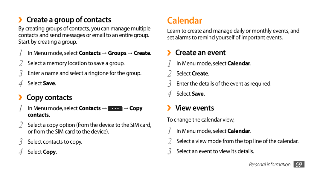 Samsung GT-S5253TIATHR manual Calendar, ›› Create a group of contacts, ›› Copy contacts, ›› Create an event, ›› View events 