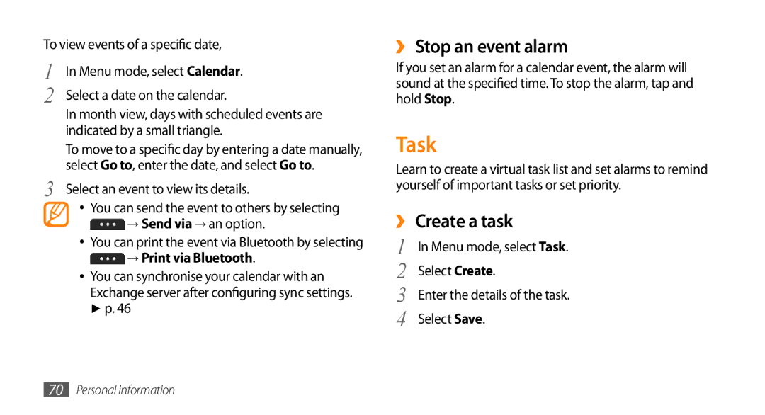 Samsung GT-S5253HKAAFR, GT-S5253HKAECT manual Task, ›› Stop an event alarm, ›› Create a task, → Print via Bluetooth 