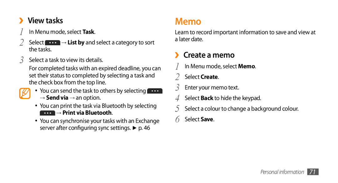 Samsung GT-S5253PWAPAK, GT-S5253HKAECT, GT-S5253HKAEGY, GT-S5253HKAJED, GT-S5253HKATMC Memo, ›› View tasks, ›› Create a memo 