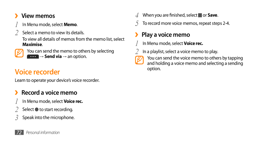 Samsung GT-S5253PWAXSG, GT-S5253HKAECT manual Voice recorder, ›› View memos, ›› Record a voice memo, ›› Play a voice memo 