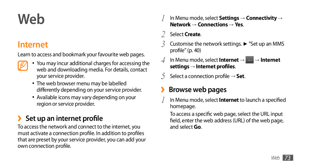 Samsung GT-S5253TIAAFR, GT-S5253HKAECT, GT-S5253HKAEGY Web, Internet, ›› Set up an internet profile, ›› Browse web pages 