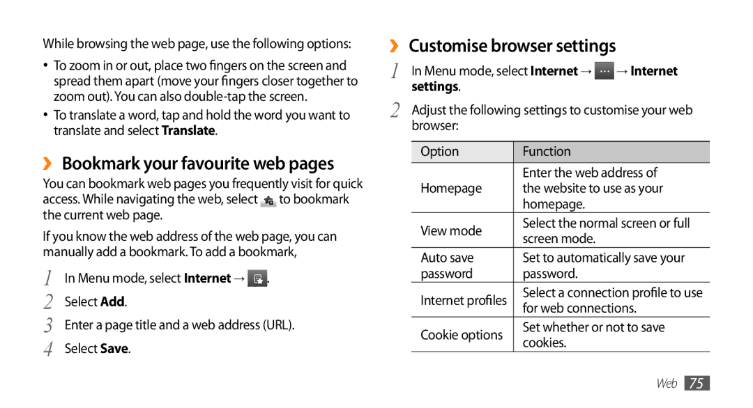 Samsung GT-S5253TIAPAK, GT-S5253HKAECT manual ›› Bookmark your favourite web pages, ›› Customise browser settings, Settings 