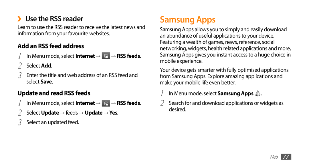 Samsung GT-S5253PWAKSA manual Samsung Apps, ›› Use the RSS reader, Add an RSS feed address, Update and read RSS feeds 