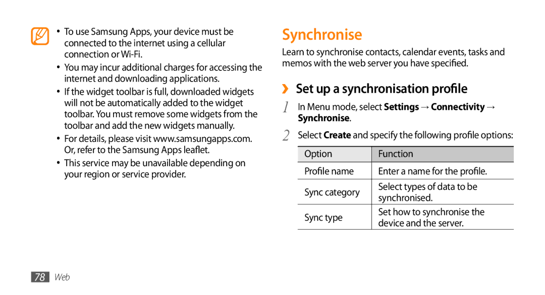 Samsung GT-S5253PWAAFR, GT-S5253HKAECT, GT-S5253HKAEGY, GT-S5253HKAJED manual Synchronise, ›› Set up a synchronisation profile 