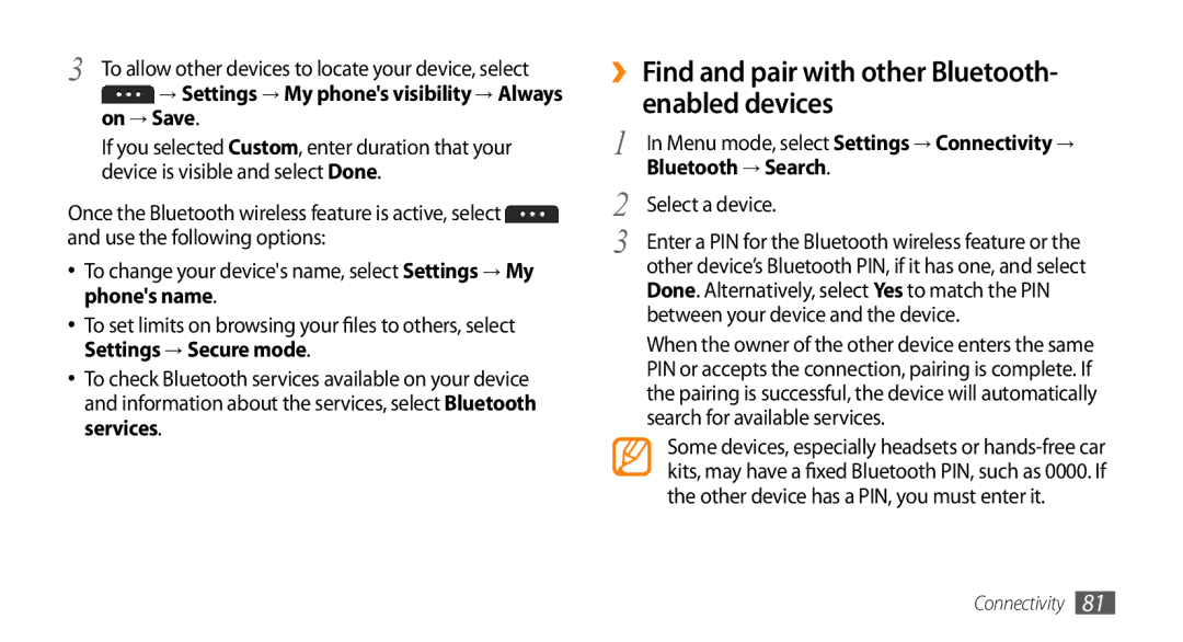 Samsung GT-S5253HKATHR, GT-S5253HKAECT manual ›› Find and pair with other Bluetooth- enabled devices, Bluetooth → Search 