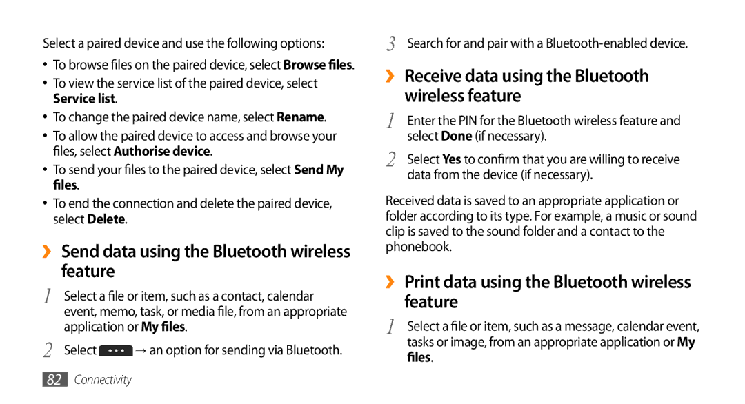 Samsung GT-S5253PWAEGY, GT-S5253HKAECT, GT-S5253HKAEGY manual ›› Send data using the Bluetooth wireless feature, Files 