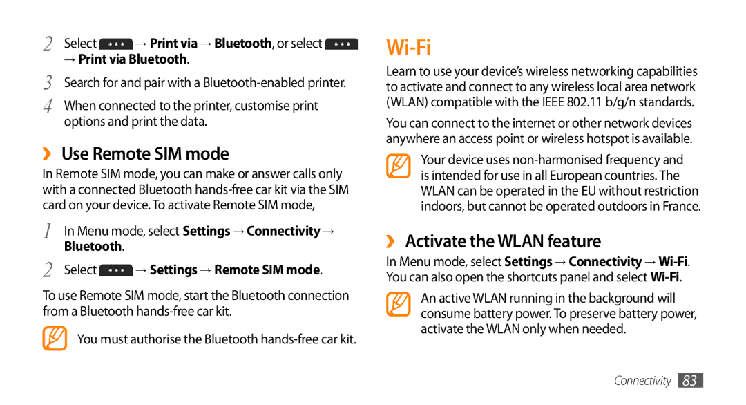 Samsung GT-S5253HKAABS manual Wi-Fi, ›› Use Remote SIM mode, ›› Activate the Wlan feature, Options and print the data 