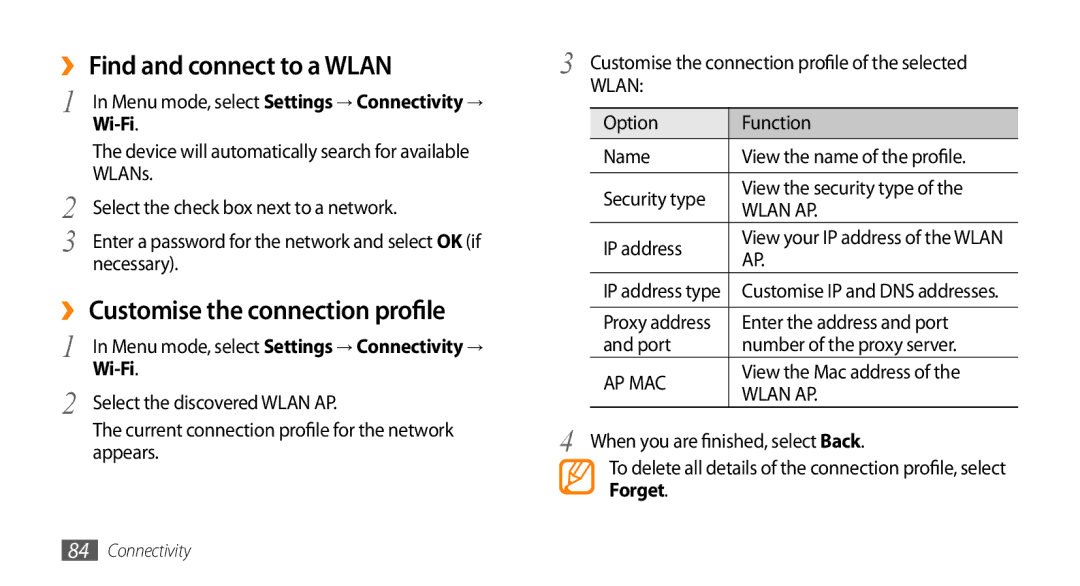 Samsung GT-S5253HKAPAK, GT-S5253HKAECT ›› Find and connect to a Wlan, ›› Customise the connection profile, Wi-Fi, Forget 