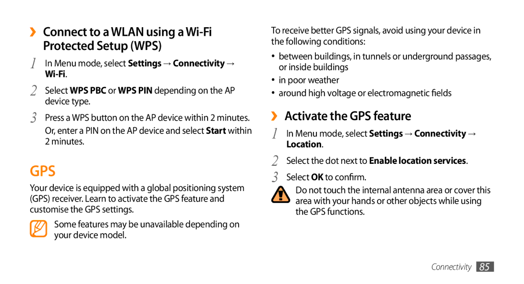 Samsung GT-S5253HKAXSG, GT-S5253HKAECT ›› Activate the GPS feature, Device type, Minutes, Location, Select OK to confirm 