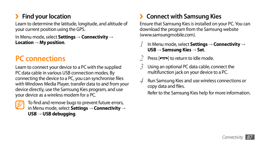 Samsung GT-S5253TIAEGY manual PC connections, ›› Find your location, ›› Connect with Samsung Kies, USB → USB debugging 