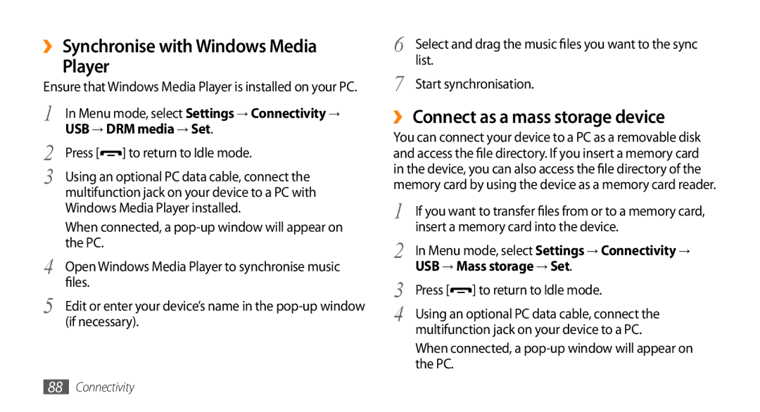 Samsung GT-S5253HKAMID, GT-S5253HKAECT manual ›› Synchronise with Windows Media Player, ›› Connect as a mass storage device 