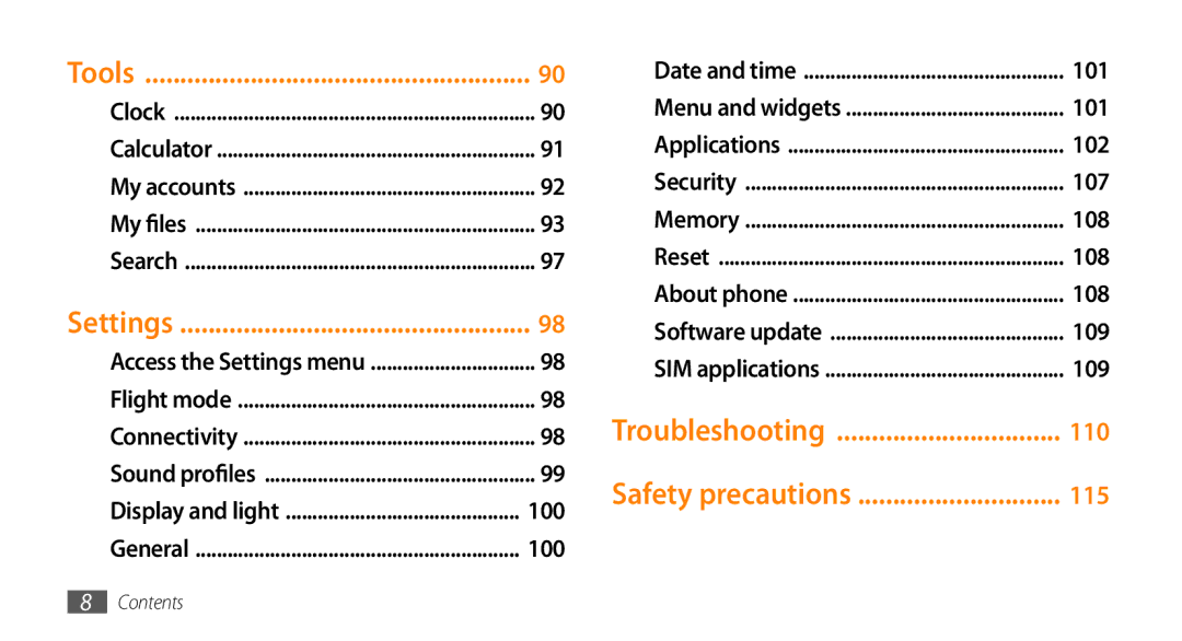 Samsung GT-S5253PWAXSG, GT-S5253HKAECT, GT-S5253HKAEGY, GT-S5253HKAJED Tools, Settings, Troubleshooting, Safety precautions 