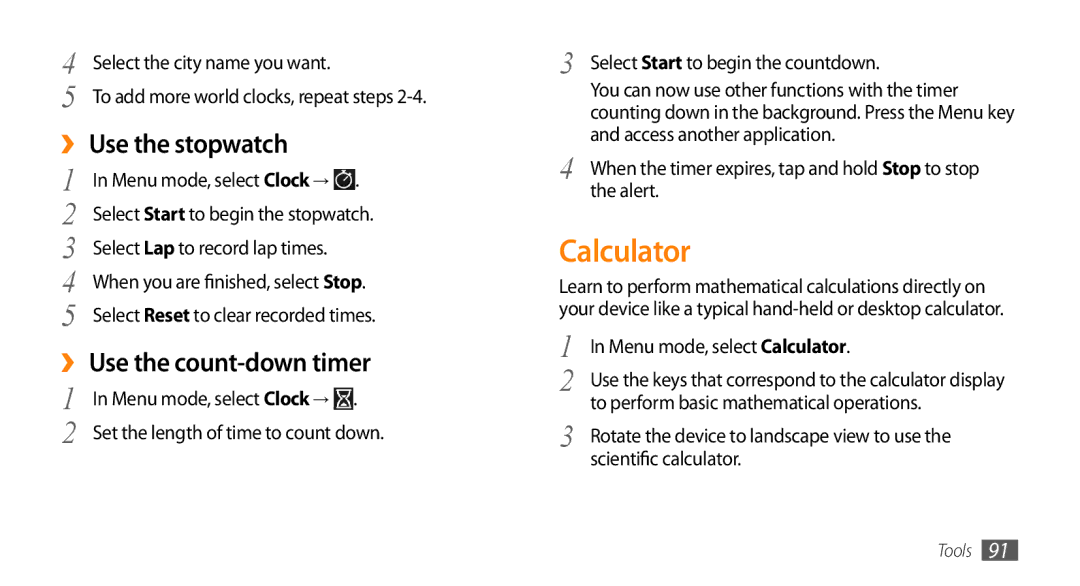 Samsung GT-S5253TIAMID, GT-S5253HKAECT, GT-S5253HKAEGY manual Calculator, ›› Use the stopwatch, ›› Use the count-down timer 